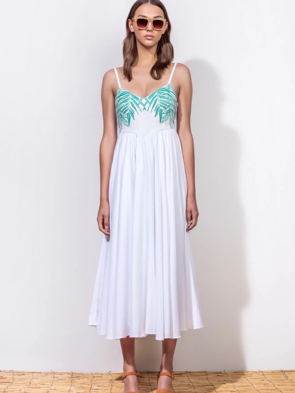 Mara Hoffman White Palm Embroidered Midi Dress | XS | Resort Vacation Coastal